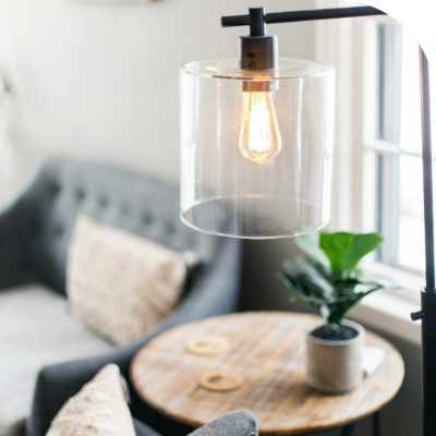 Closeup of a modern lamp with an LED bulb to show 2025's design trend, energy efficiency.